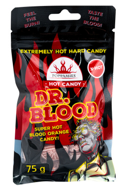 Superostre cukierki Poppamies Dr. Blood z czerwoną pomarańczą i ekstraktem chili, 75g