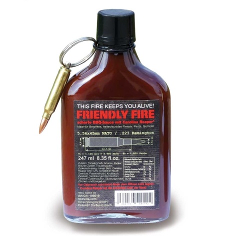 Ostry Sos Scovilla Friendly Fire BBQ z Caroliną Reaper i prawdziwym nabojem, 247ml
