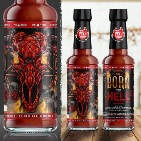 Ostry sos Pixi Peppers BORN IN HELL EXTREME z ekstraktem 9MLN, 200ml Ostry sos Pixi Peppers BORN IN HELL EXTREME z ekstraktem 9MLN, 200ml